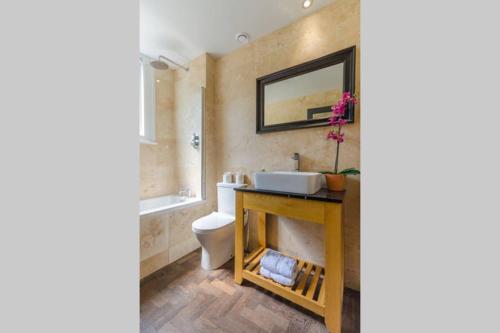 uma casa de banho com um lavatório, um WC e um espelho. em Classroom Flat Suite in a converted school in Fowey town centre em Fowey