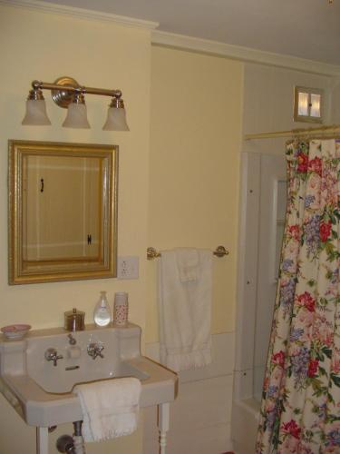 a bathroom with a sink and a mirror and a shower at Stephen Clay Homestead Bed and Breakfast in Candia