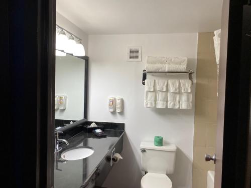 a bathroom with a toilet and a sink and a mirror at The Atrium Hotel on Third in Quincy