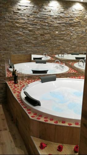 a row of hot tubs in a room with red flowers at Canti apartments in Novi Sad
