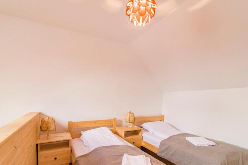 ein Schlafzimmer mit zwei Betten und einem Kronleuchter in der Unterkunft Pensiunea Agroturisticā Lukács Panzió in Ujfalù