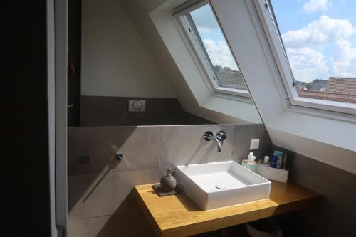 a bathroom with a sink and a window at Die kleine Auszeit in Gescher