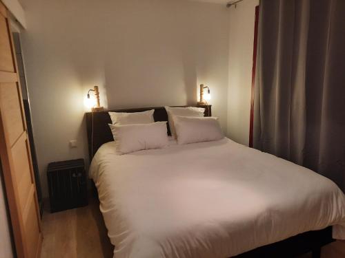 1 dormitorio con 1 cama blanca y 2 almohadas en Gîte chêne - Domaine de Vermoise, en Sainte-Maure