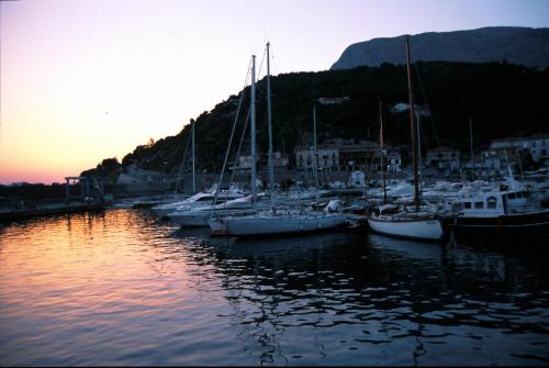 a group of boats docked in a harbor at sunset at Romantic Hotel & Restaurant Villa Cheta Elite in Maratea