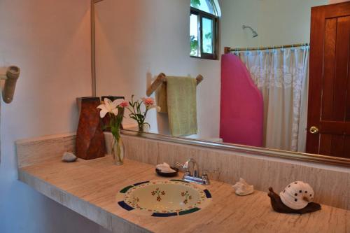 um balcão de casa de banho com um lavatório e um espelho em Nacional Beach Club & Bungalows em Mahahual