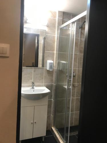 a bathroom with a sink and a shower at Casa IDA 1896 in Galaţi