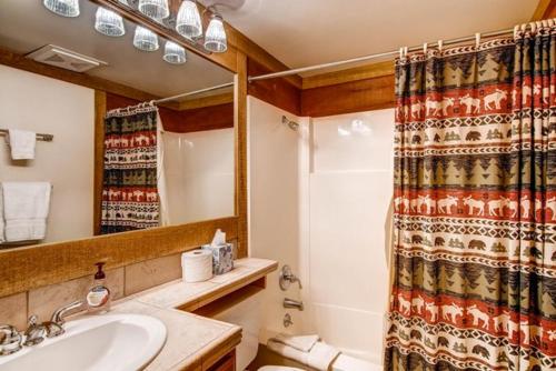 トラッキーにあるLess Than 1 Mile to Northstar Resort Getaway with Balconiesの洗面台とシャワーカーテン付きのバスルーム