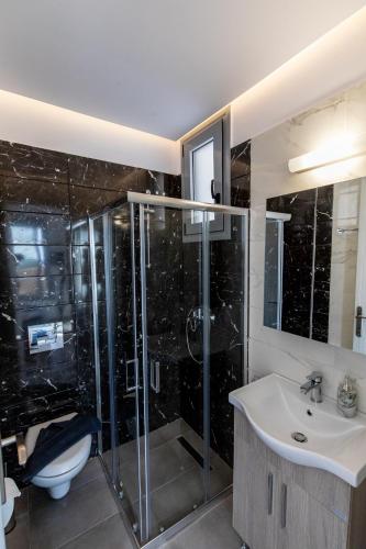 a bathroom with a shower and a sink and a toilet at Kallipateira Villa in Lachania