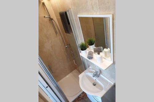 a bathroom with a sink and a shower and a mirror at Appartment in the Sky in Bílovice nad Svitavou