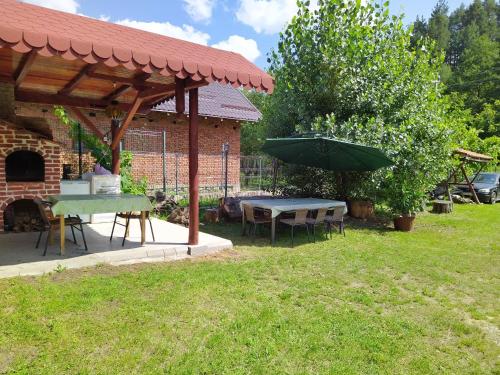 a picnic table and an umbrella in a yard at Casa Matteo in Arefu
