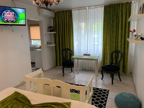 クラヨーヴァにあるcozy apartment in a quiet areaのテーブルと椅子、ダイニングルームが備わります。