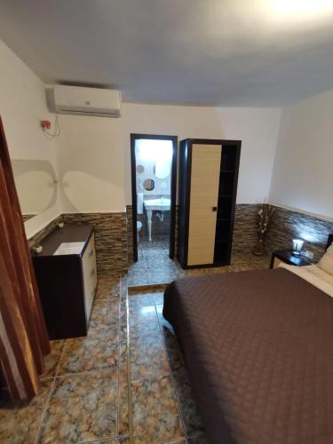 a bedroom with a bed and a door to a bathroom at Vila Sara in Chişoda