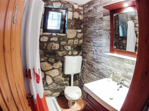 a stone bathroom with a toilet and a sink at Patras stonehouse with large yard - Πέτρινο σπίτι με αυλή in Paralía
