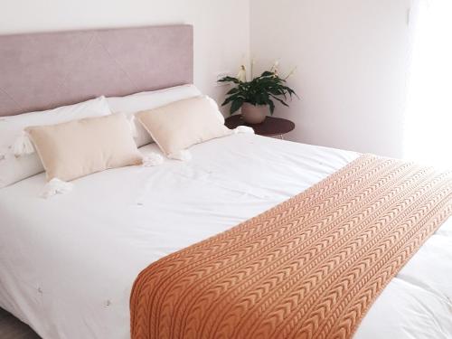 a white bed with two pillows and a plant at NICORÉS in Irún
