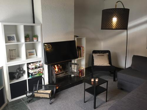 a living room with a fireplace and a couch at vakantiehuisje 007 in Koksijde