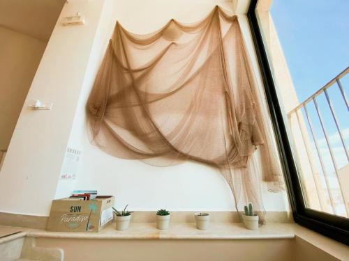 a window with potted plants on a window sill at Regina Margherita B&B in Marzamemi