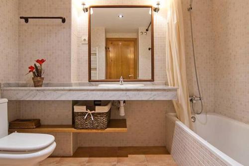 bagno con lavandino, servizi igienici e specchio di Vielha centro calbeto VAD apartamento a Vielha