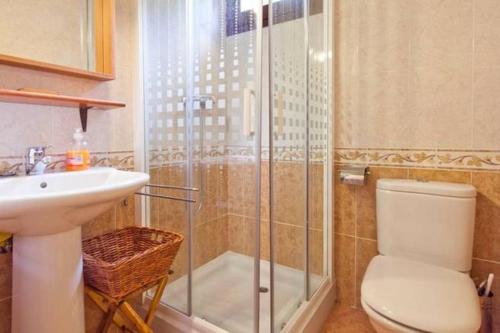 a bathroom with a shower and a toilet and a sink at Junto a Vielha Apartamento Gausac in Gausach