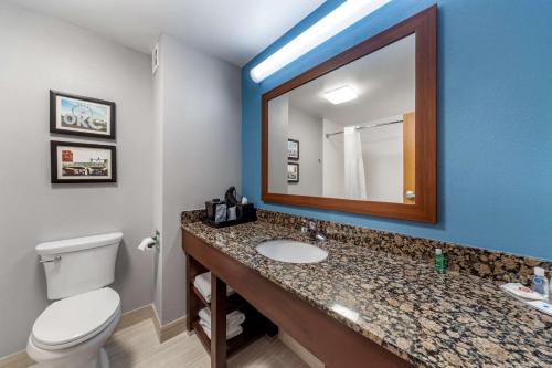 a bathroom with a toilet and a sink and a mirror at Garner Hotel Oklahoma City - Quail Springs by IHG in Oklahoma City