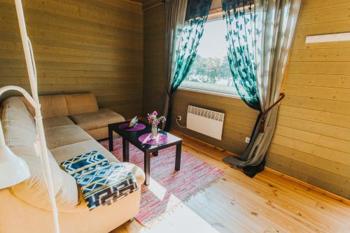a living room with a couch and a window at Kempings Kalnavoti in Koknese