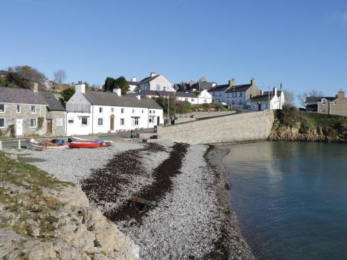 a rocky shore with houses and a body of water at Bwthyn in Moelfre