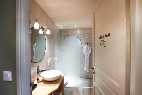a bathroom with a sink and a mirror and a shower at Les Chambres d'Andrea in Marseillan