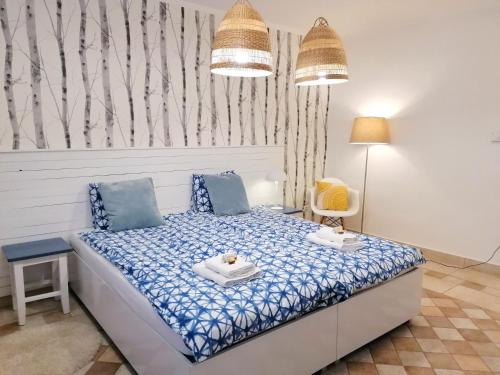 a bedroom with a bed with blue and white sheets at Jászberény Boutique Room in Jászberény