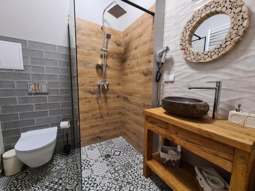 a bathroom with a sink and a toilet and a shower at Apartament Starówka 9 in Toruń