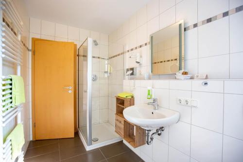 ein Bad mit einem Waschbecken, einer Dusche und einem Spiegel in der Unterkunft Gasthaus und Hotel Göttler Josef in Rumeltshausen