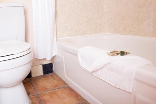 a bathroom with a toilet and a bath tub with a towel at Eldorado Inn in Baker City