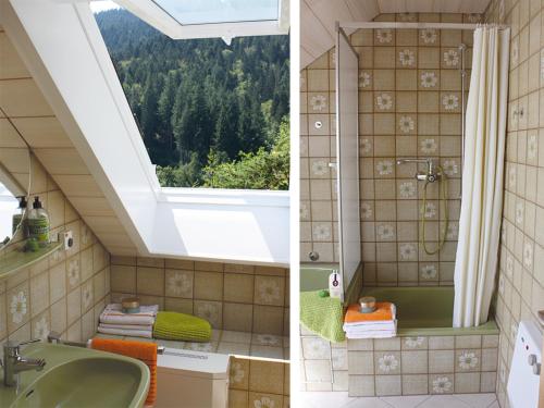 een badkamer met een douche, een wastafel en een raam bij Haus Margot Armbruster in Bad Rippoldsau-Schapbach