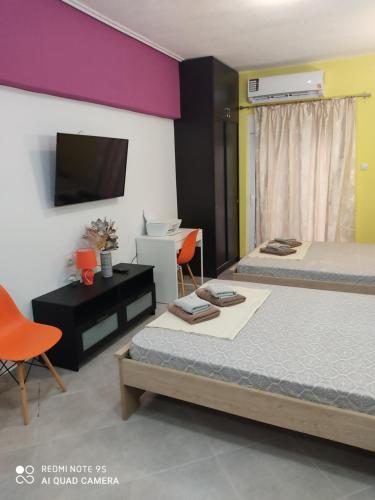 a bedroom with two beds and a desk and a tv at G M 2 ROOMS KENTRO in the heart of the city in Larisa