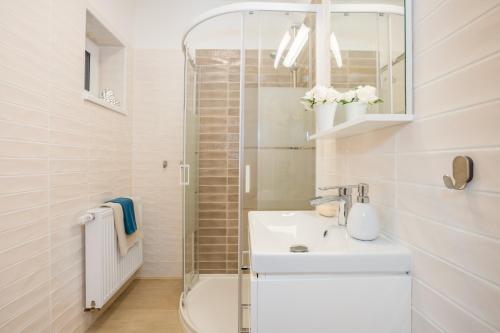 La salle de bains blanche est pourvue d'un lavabo et d'une douche. dans l'établissement Apartmány Jedovary, à Trhové Sviny