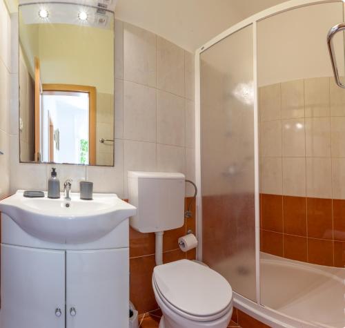 a bathroom with a toilet and a sink and a shower at Historic center Hvar town- a few steps from the main square in Hvar