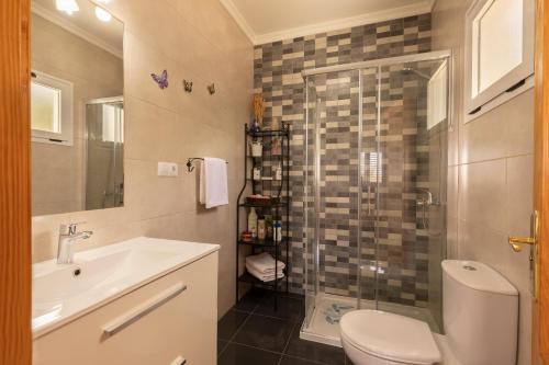a bathroom with a toilet and a sink and a shower at Casita Hari, donde tu y tu tiempo se detienen. in Tuineje