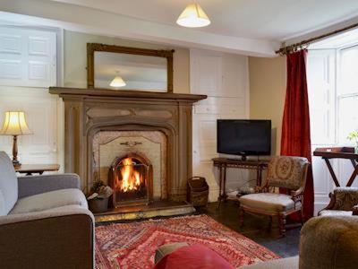 a living room with a fireplace and a tv at Low House Farm North, Troutbeck, Windermere in Windermere