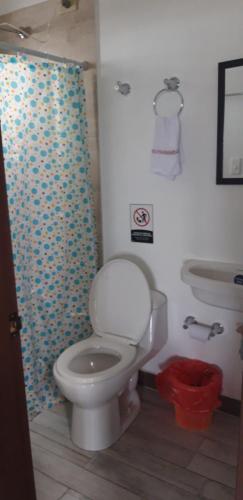 a bathroom with a toilet and a sink at Hostal Balcones de la Piedra in Guatapé