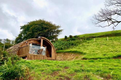 a small house on a hill in a field at Birdsong Lodge in Woolacombe
