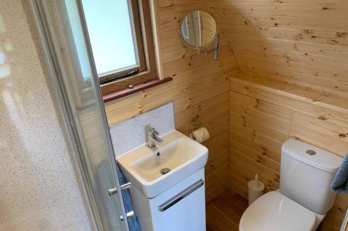 a bathroom with a white sink and a toilet at Birdsong Lodge in Woolacombe