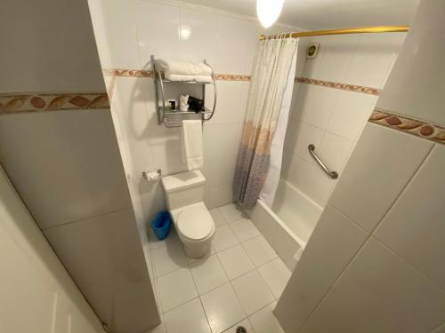 een kleine badkamer met een toilet en een douche bij Hotel Volcano Baños in Baños