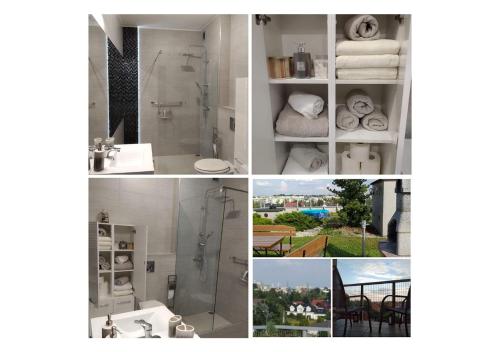 a collage of four pictures of a bathroom with a shower at Sunny Penthouse with roof gardens overlooking the Warsaw Palace of Culture in Pruszków