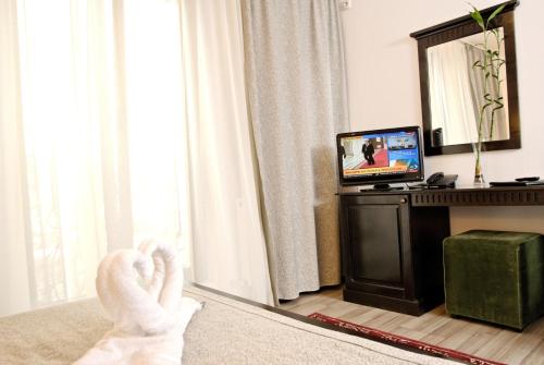 a person is standing in a living room watching a television at Hotel Belleville in Iaşi
