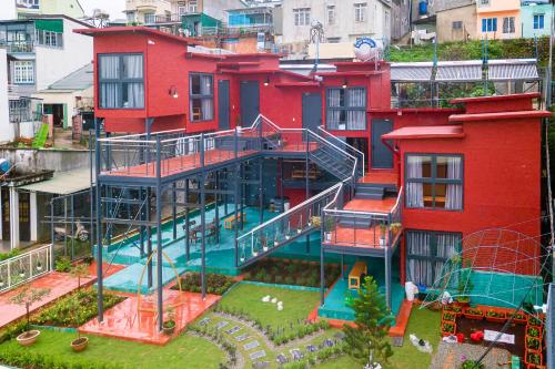 an aerial view of a building with a water park at Dalat Rose Hill Villa - Moutain View in Da Lat