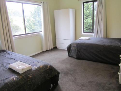 a bedroom with two beds and two windows at Acacia Cottage in Tumbarumba