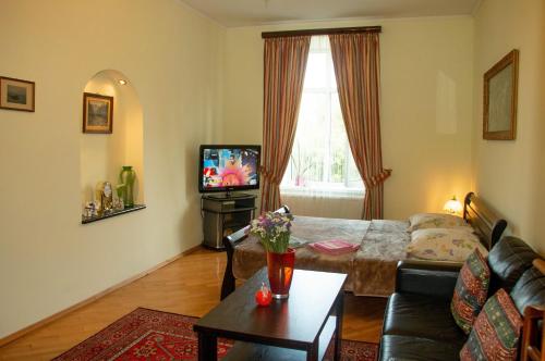 ein Wohnzimmer mit einem Sofa und einem TV in der Unterkunft The heart of Lviv in Lwiw
