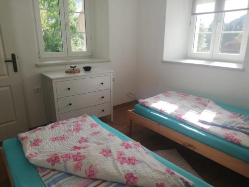 a bedroom with two beds and a dresser and two windows at Land Wohnung in Gratkorn