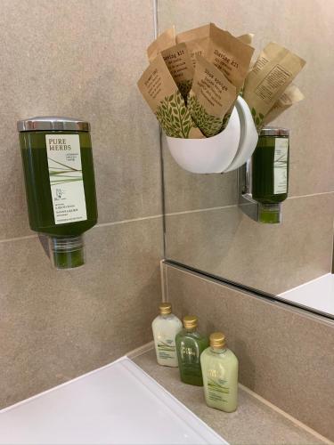 a bathroom with a mirror and a sink with some bottles at Park-Lodge Am Rohrbusch in Münster