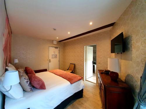 a bedroom with a bed and a desk and a television at Croix Blanche de Sologne in Chaumont-sur-Tharonne