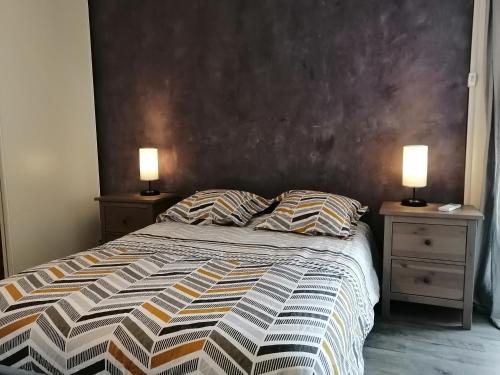 a bedroom with a bed with two lamps on night stands at GRAU DU ROI T2 calme, accès plage + parking in Le Grau-du-Roi