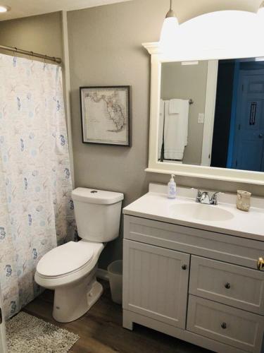 a bathroom with a toilet and a sink and a mirror at Amazing beach getaway pool condo by the beach in Bradenton Beach